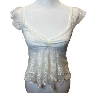 Y2K Babydoll Lace Sheer Top Women's Size M Sweetheart Neck Fairy Cottagecore